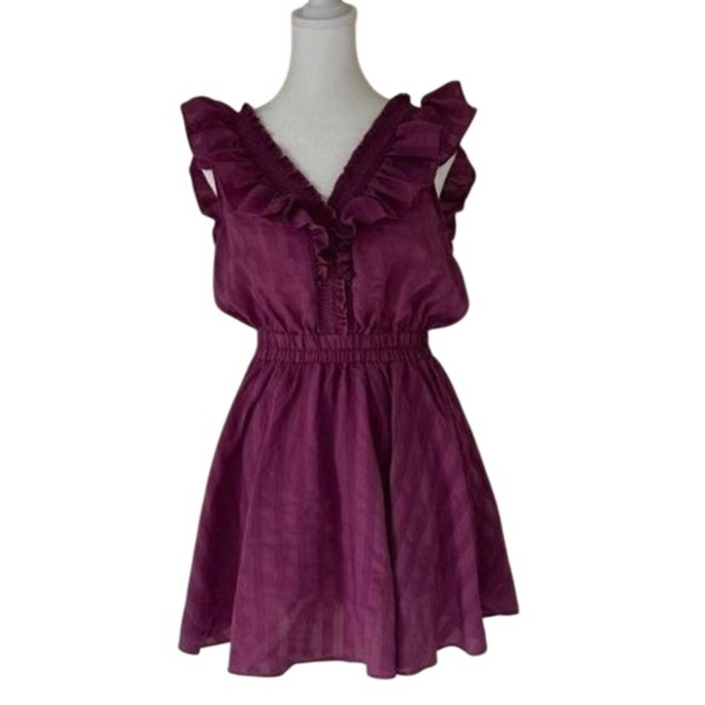 Shabby Chic Mini Dress Womens S Purple Ruffle V-Neck Elastic Waist Boho‎
